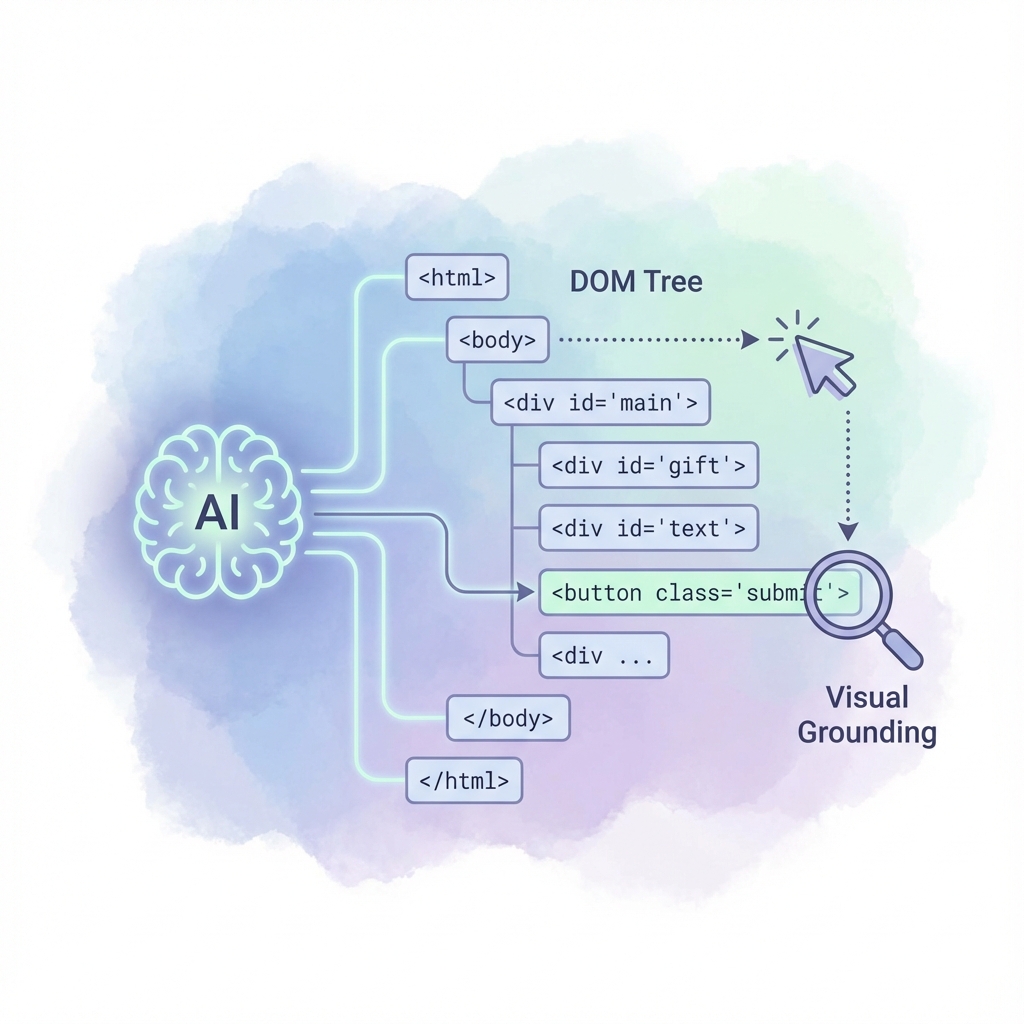 AIがWebページの構造を解析し操作する仕組みのイメージ