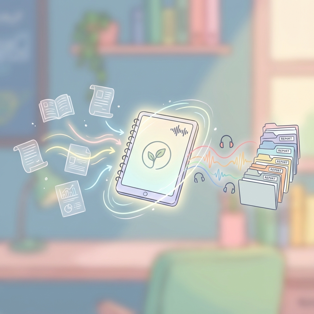 NotebookLMが資料を読み込み、音声解説やリサーチを行うイメージ