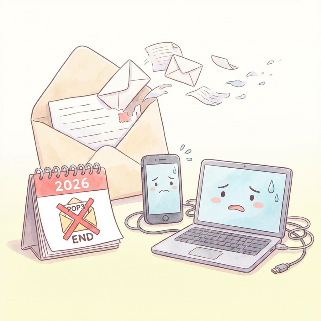 Gmail POP3終了と2026年問題のイラスト