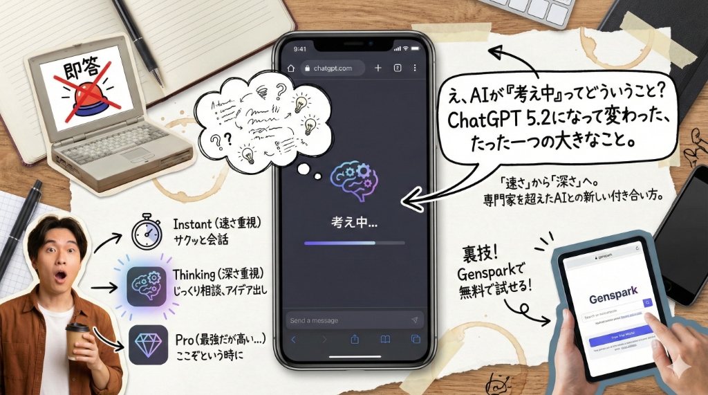 GPT-5.2のThinkingモデルの特徴、Instant、Thinking、Proの比較、Gensparkの紹介を含む解説図解