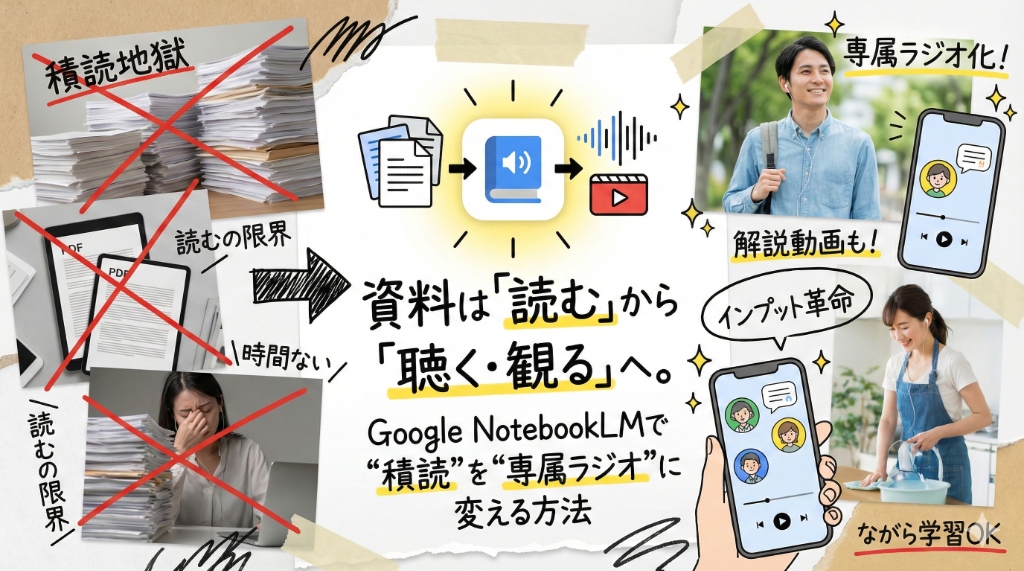 NotebookLMの音声・動画解説機能のイメージ