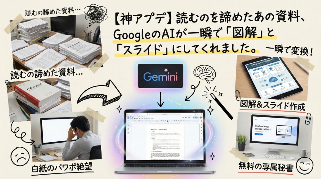 NotebookLMが生成する図解とスライドのイメージ